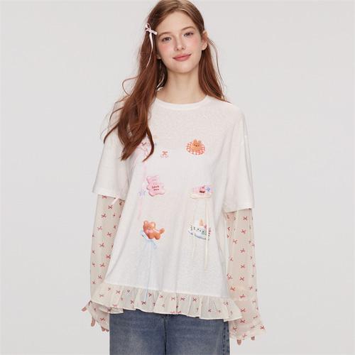 [2색]키치 무드 페이크 레이어드 롱 티셔츠