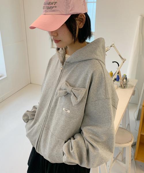 RIBBON POCKET HOODED ZIP UP GREY