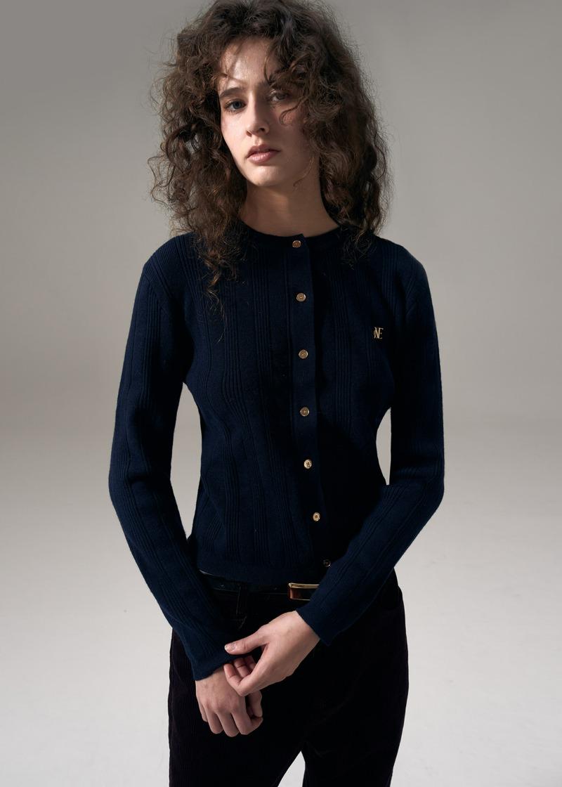 W RIBBED KNIT CARDIGAN - NAVY