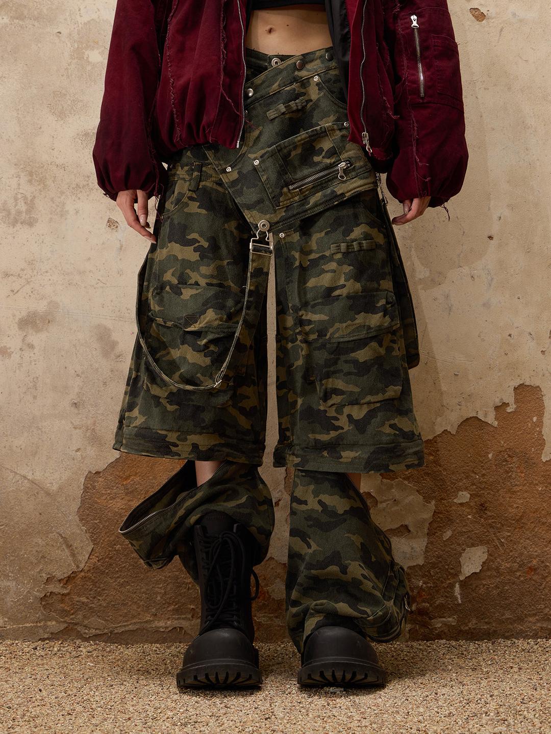 Personsoul Camouflage Overalls with Zip-Off Legs