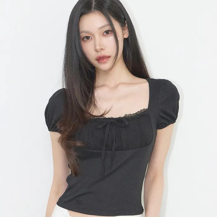 로지 레이스 스퀘어넥 티 블랙