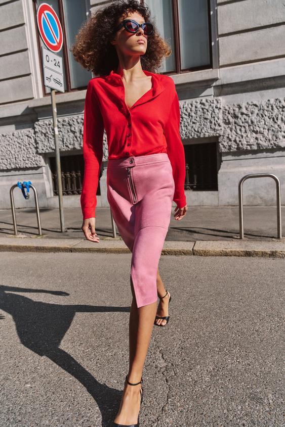 페이크 스웨이드 미디 스커트