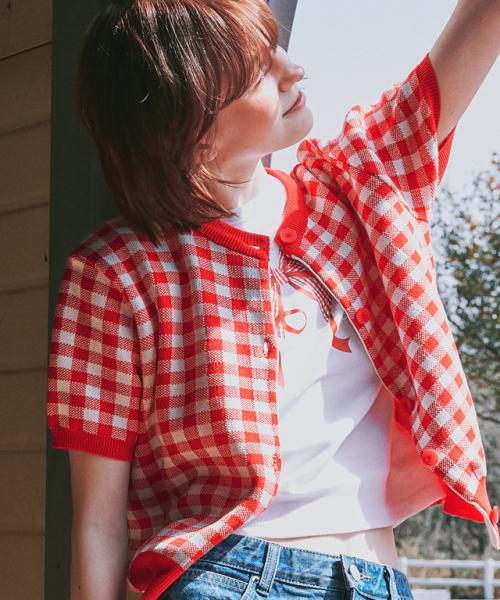 GINGHAM SHORT SLEEVE KNIT CARDIGAN RED