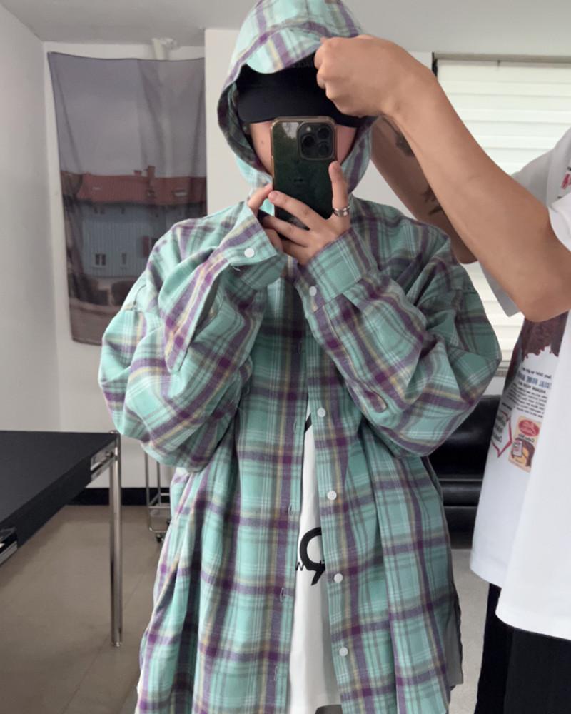 캡 후드 체크 셔츠 ( 민트 소라 ) 기모 오버핏 스트링