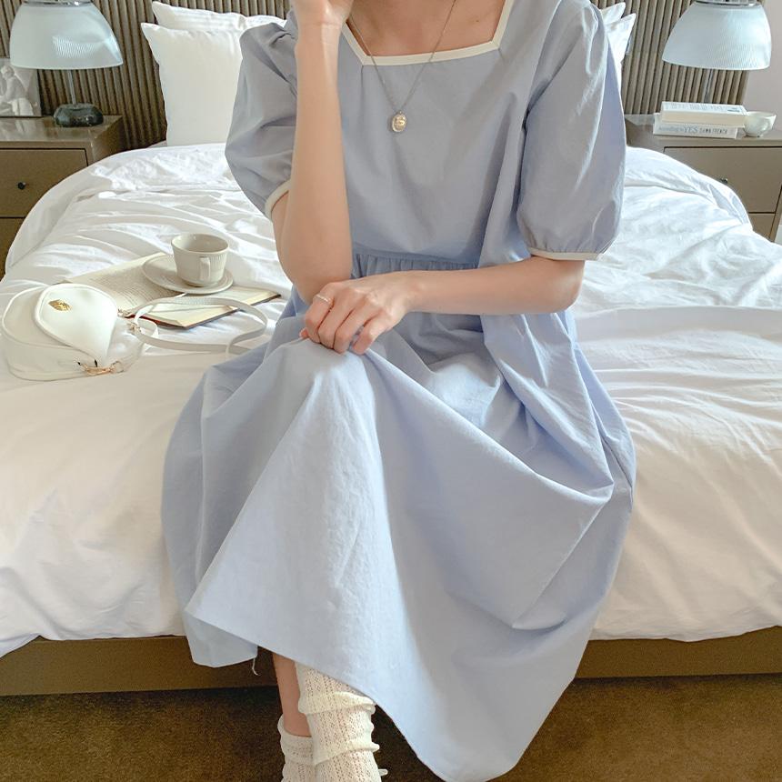 라인배색 뒷리본 반팔원피스