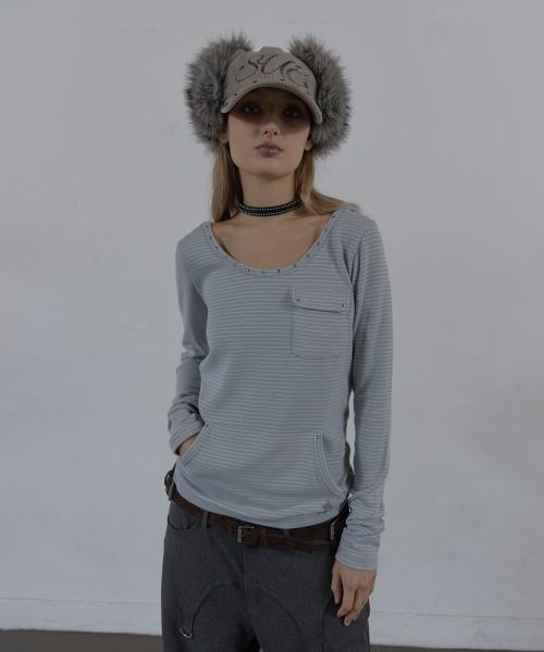 SOFT STRIPE HOODIE TOP / BABY BLUE