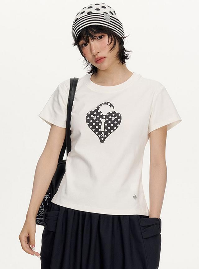 ★TESTMECHANISM★ Heart Lock Dot Print Casual T-shirt 테스트메커니즘 Heart Lock Dot Print Casual T-shirt - 위시버킷