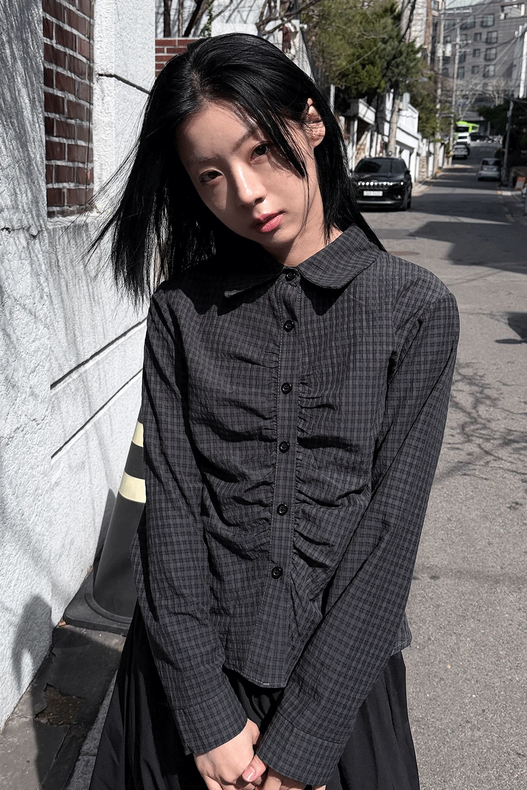 SHIRRING COTTON CHECK SHIRT