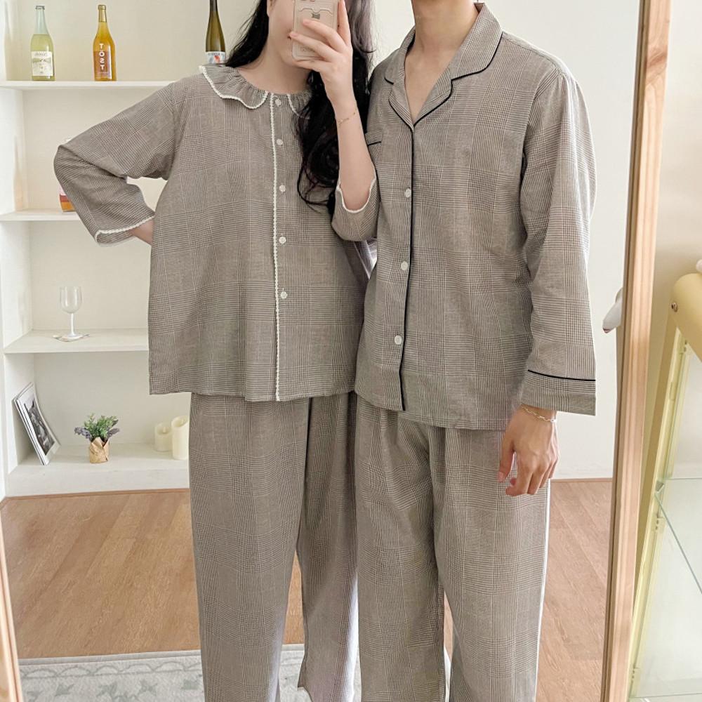 국산 순면 커플 잠옷 브릭 체크 파자마 신혼 홈웨어