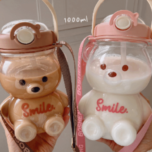 (관종템/빨대,스트랩증정/신상컬러입고) 통통베어 대형 텀블러 보틀 1000ml 1400ml 물병 머그컵 귀여운 인싸 친구선물 생일선물 빨대컵 여름 곰돌이  카페 휴대용