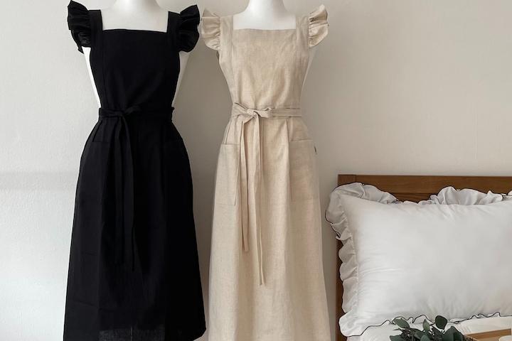 린넨 코튼 프릴 앞치마 원피스 롱 신혼 카페 꽃집 집들이 에어프런