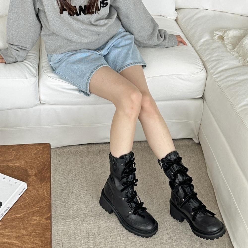 벨벳 리본 클래식 키높이 워커 부츠 6cm