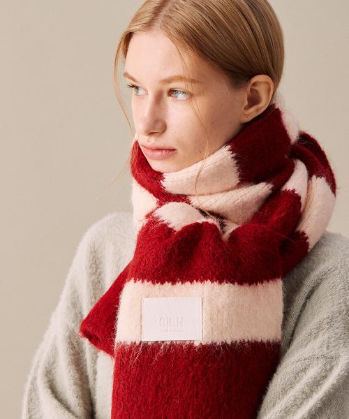 Long fluffy striped knit muffler (RED STRIPE)