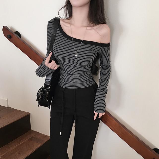 블러핏 [ 추천 ] 타미 오프숄더 단가라 스트라이프 티셔츠