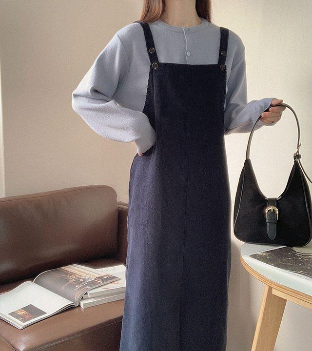 쇼콜라 골덴 멜빵 겨울 뷔스티에 롱원피스_룩앤무드