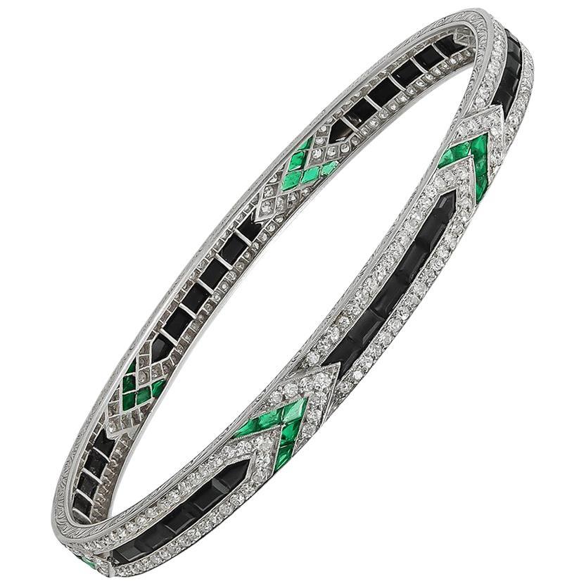 Art Deco Van Cleef & Arpels Diamond Emerald Onyx Bangle