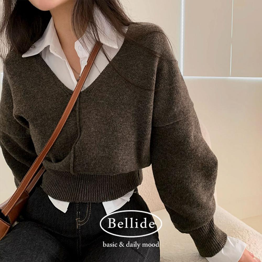 [벨리드made/허리잘록]wool10% 크랙 절개 브이넥 울니트