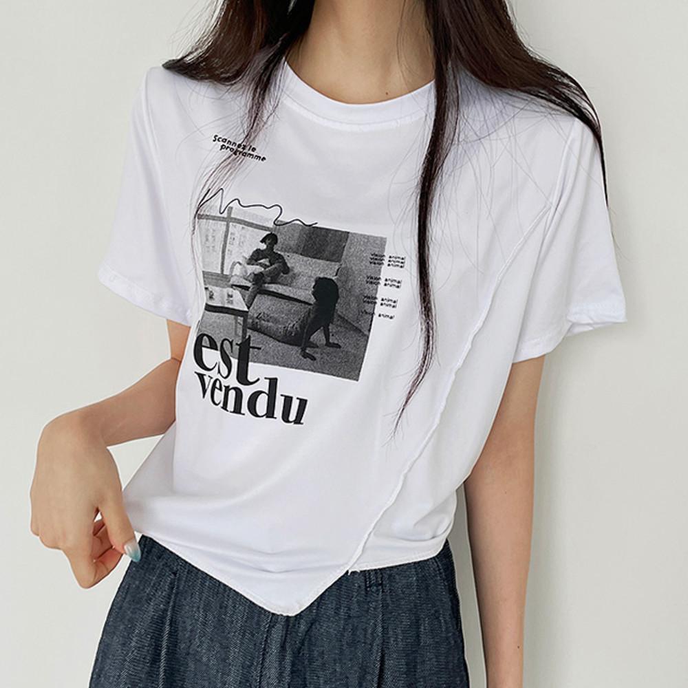 언발포인트 유니크룩 사선언발 프린팅 크롭티