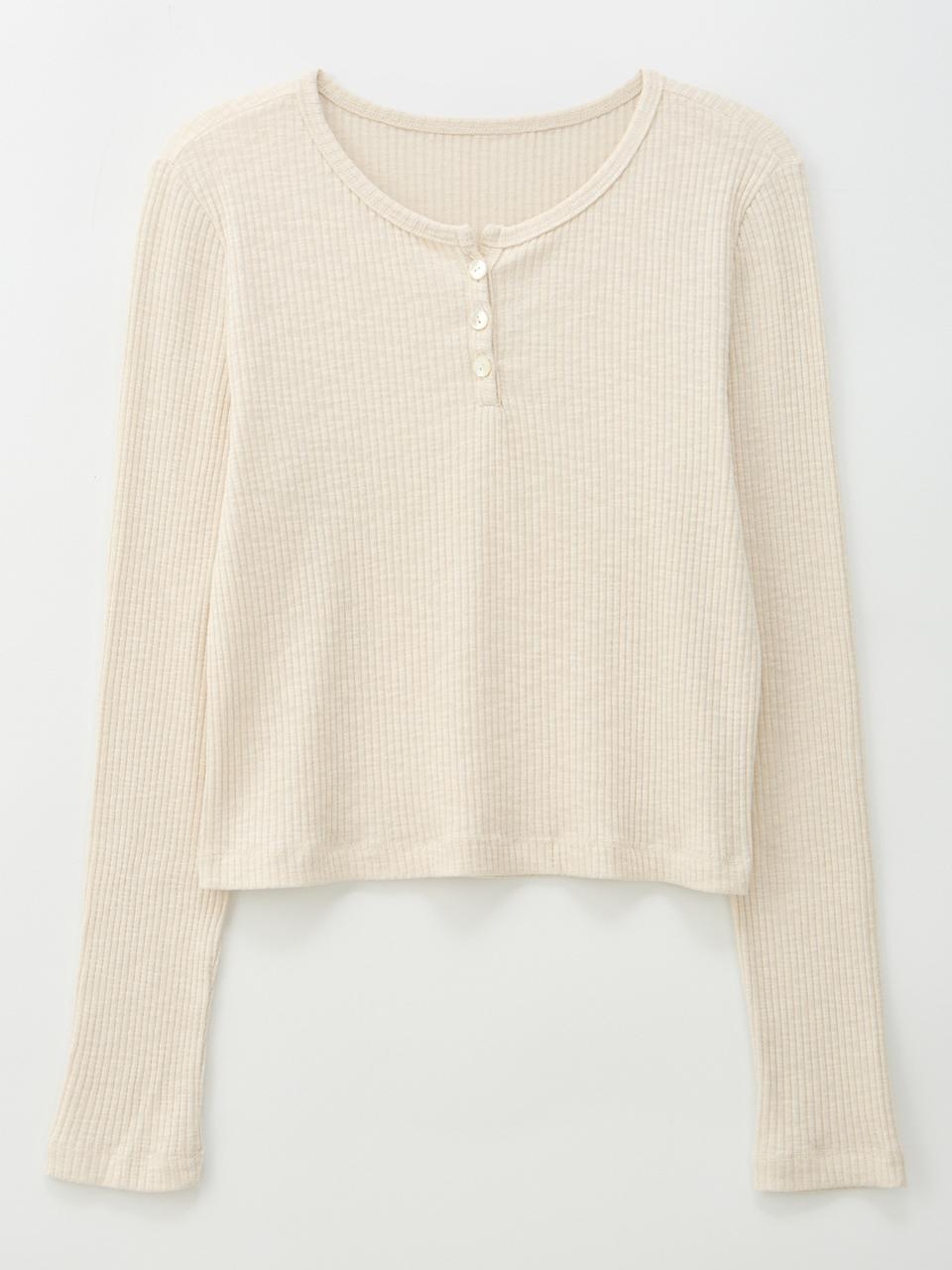 BUTTON POINT RIBBED LONG SLEEVES T-SHIRT_BEIGE