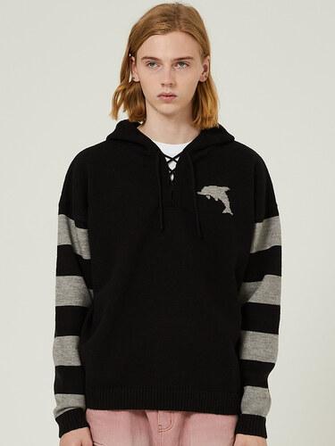 Big dolphin stripe hood knit BLACK