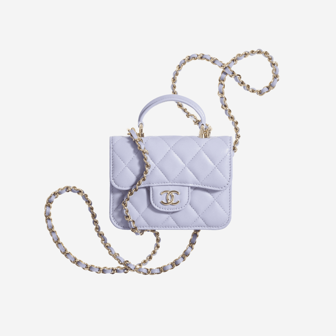 Chanel Flap Coin Purse With Chain Lambskin & Champagne Gold Light Purple