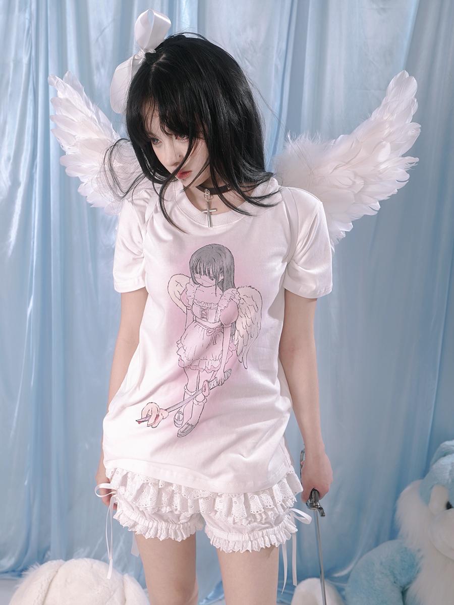 milkyhearts Girl Angel Print Loose T-shirt [3color]