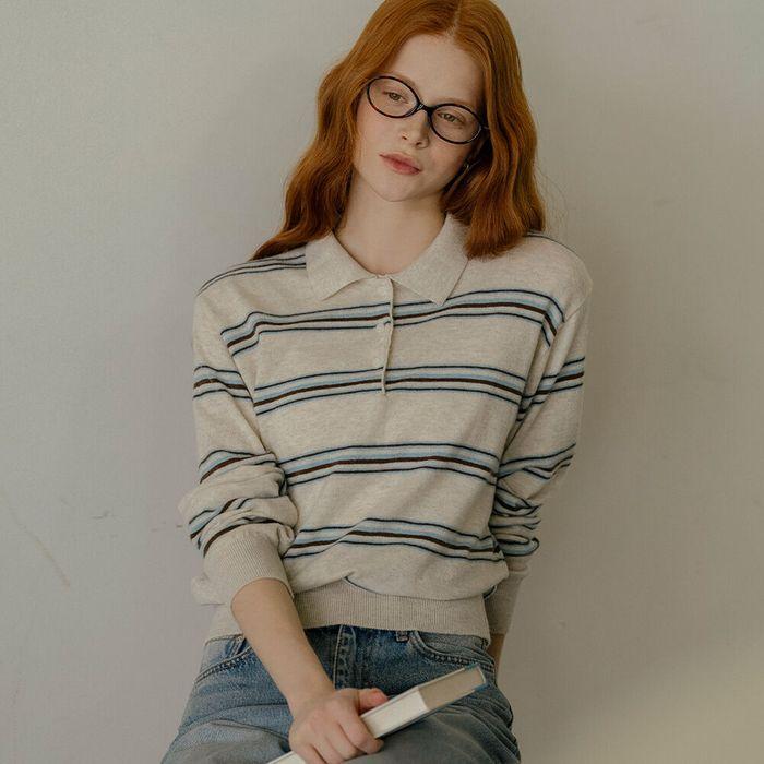 Soft coloring stripe collar knit_Cream