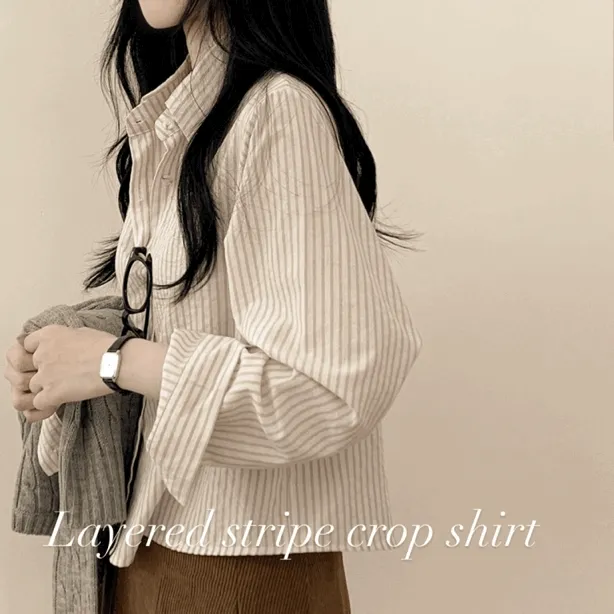[레이어드셔츠/널널핏] 스트라이프 코튼 바스락 크롭셔츠