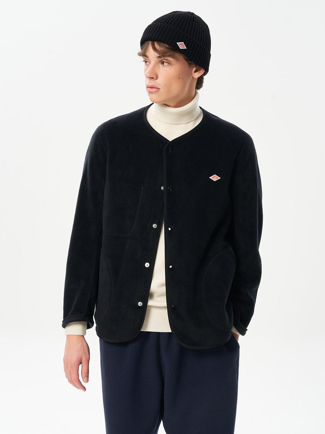 Men Fleece Collarless Jacket - Black