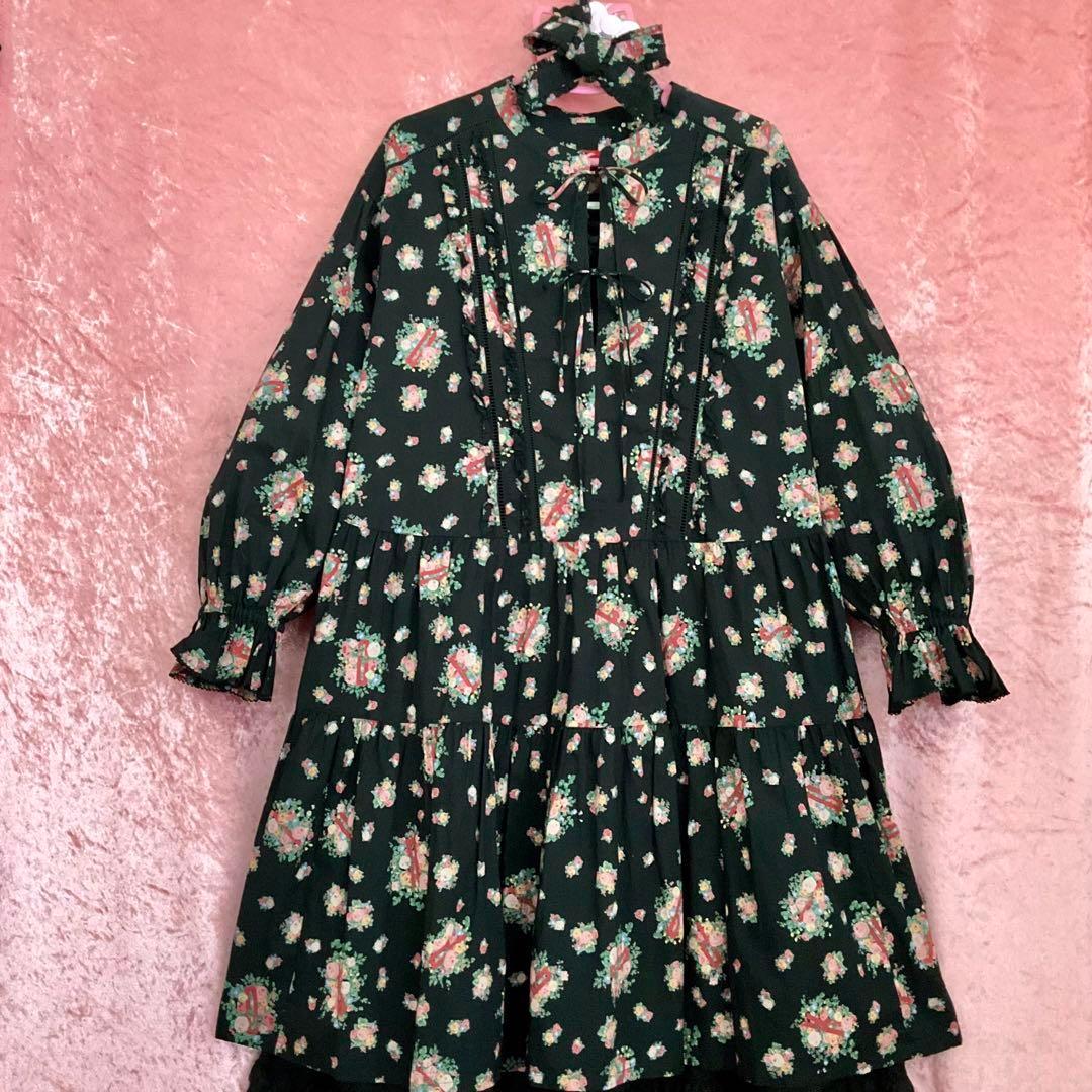 【新品】PINK HOUSE♡ロゴ入りローズブーケpt♡ワンピース＆リボンタイ