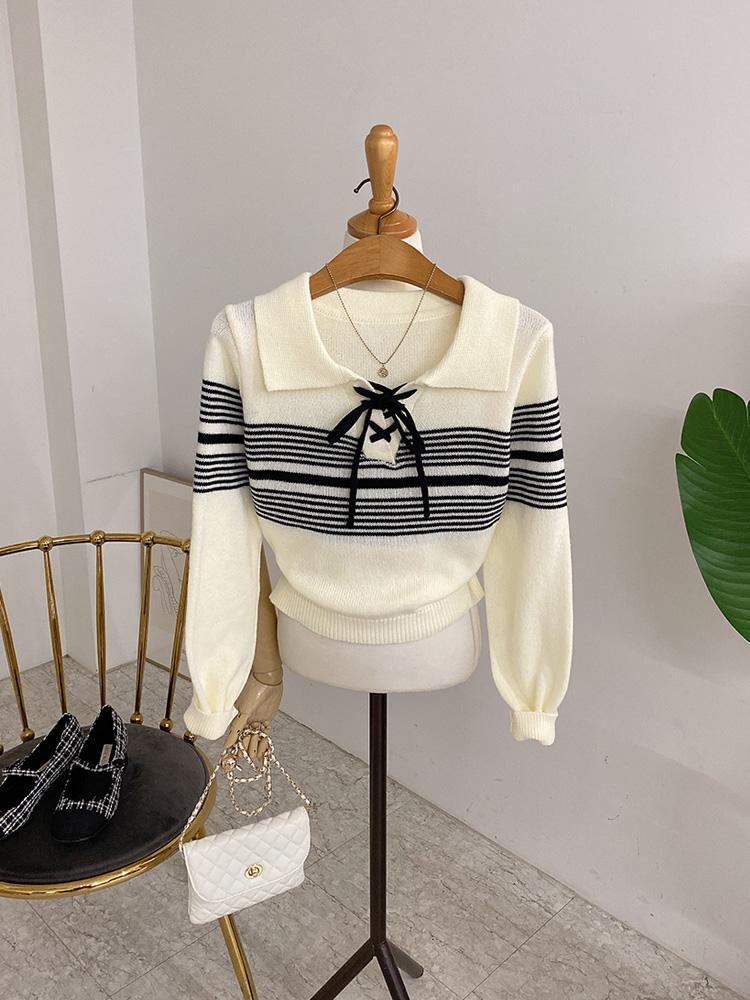 [N도착특가10% 빠른배송] 렌비 카라 리본 스트라이프 긴팔 니트(2color)