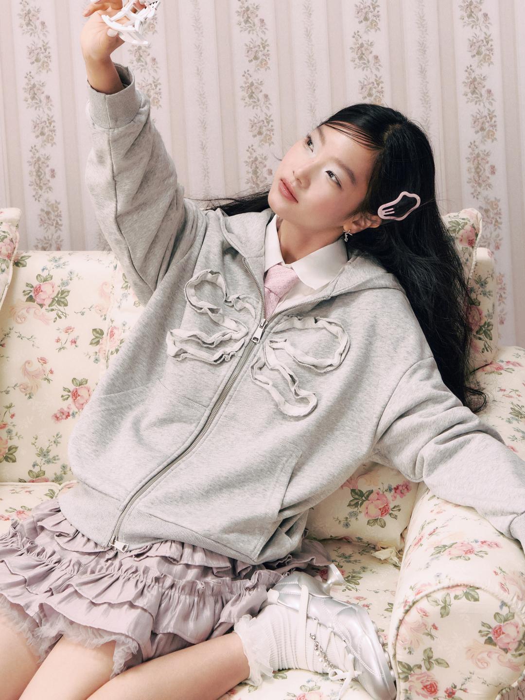 Terry Lettuce Trim Bowknot Zip Through Oversized Hoodie