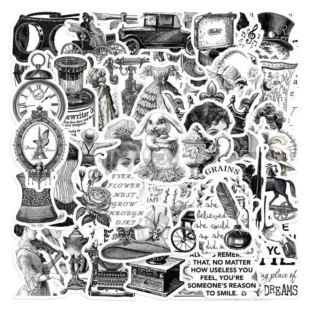 빈티지 다꾸 흑백 복고 레터링 인물 소품 스티커 64매