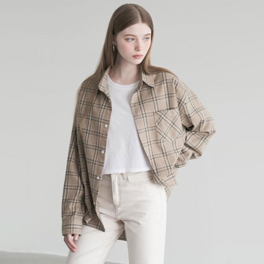 오버핏 와플 체크 셔츠-베이지