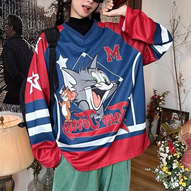 레트로 컬러 블록 만화 스포츠 긴 소매