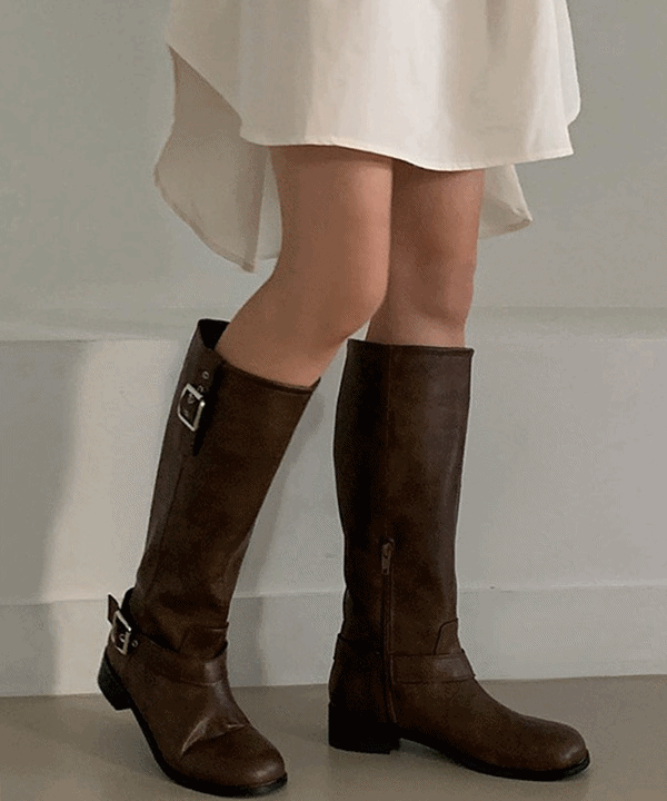 어필링 [바배] 에이브 더블 버클 포인트 사이드 반지퍼 힙스타일 롱부츠 (블랙,브라운)