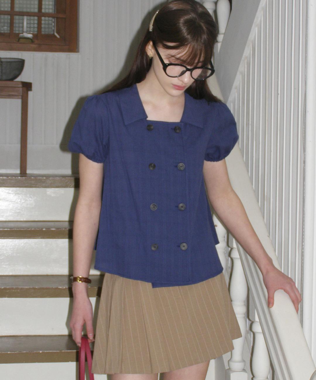 Bud Check Flared Blouse ( Navy )