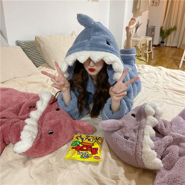 블루/핑크/퍼플 돌핀 후드 모자 귀여운 겨울 극세사 잠옷 수면바지 투피스 긴 바지 단추 홈웨어 파자마 셋업 세트SET