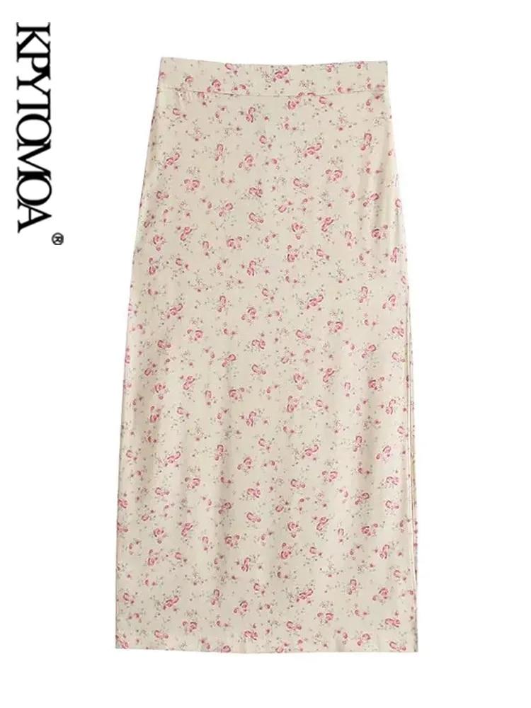 KPYTOMOA 여성용 꽃 프린트 슬릿 밑단 미디 스커트, 빈티지 하이웨이스트 사이드 지퍼, 세련된 패션