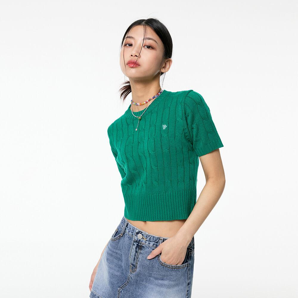 [5272] 자수 케이블 니트 반팔 (그린)