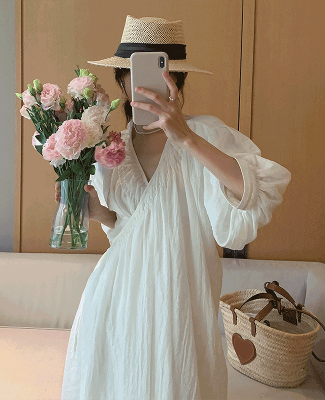 랩원피스 벌룬 플리츠 브이넥 셔링원피스 7부소매 팔뚝살 커버업 몸매보정 오버핏 박시핏 루즈 원피스 슬리브 롱원피스 드레스 바캉스룩 여행 비치웨어 홈드레스 여름휴가