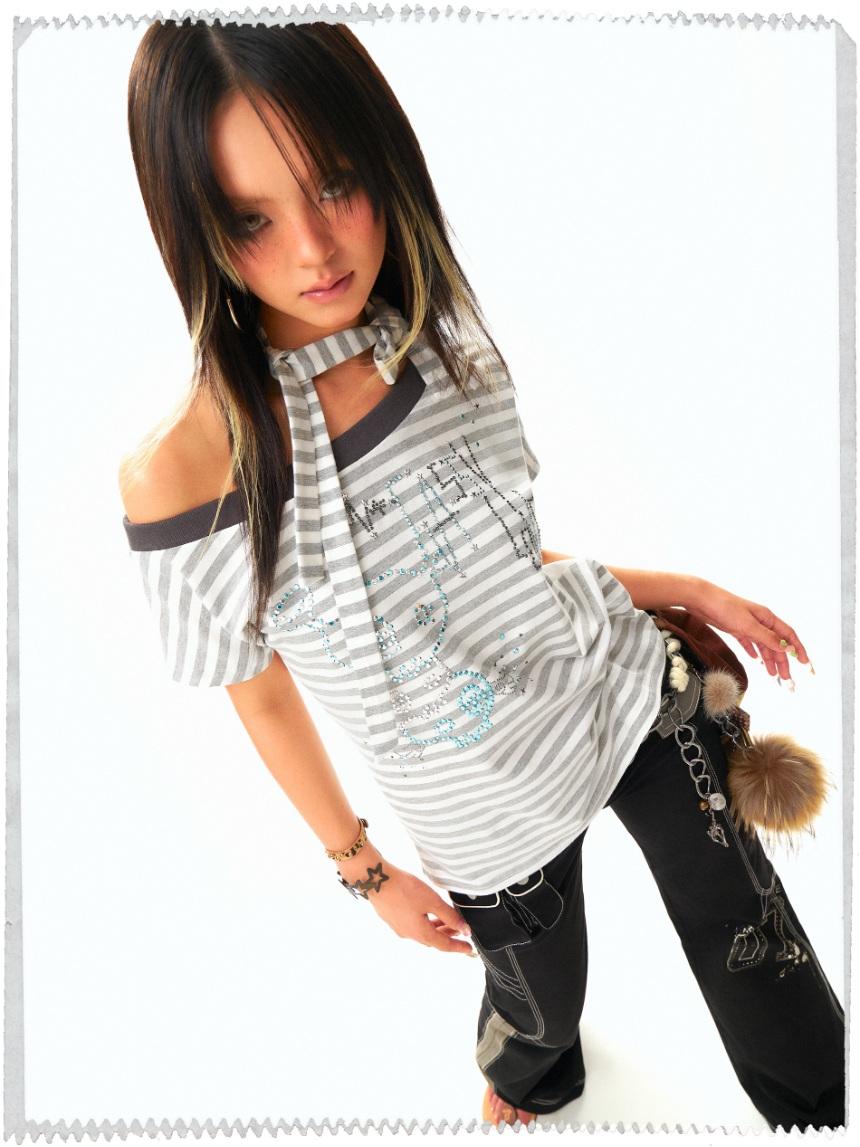 SassyLove Slanted Shoulder Reversible Skull Loose Slimming T-shirt & Scarf