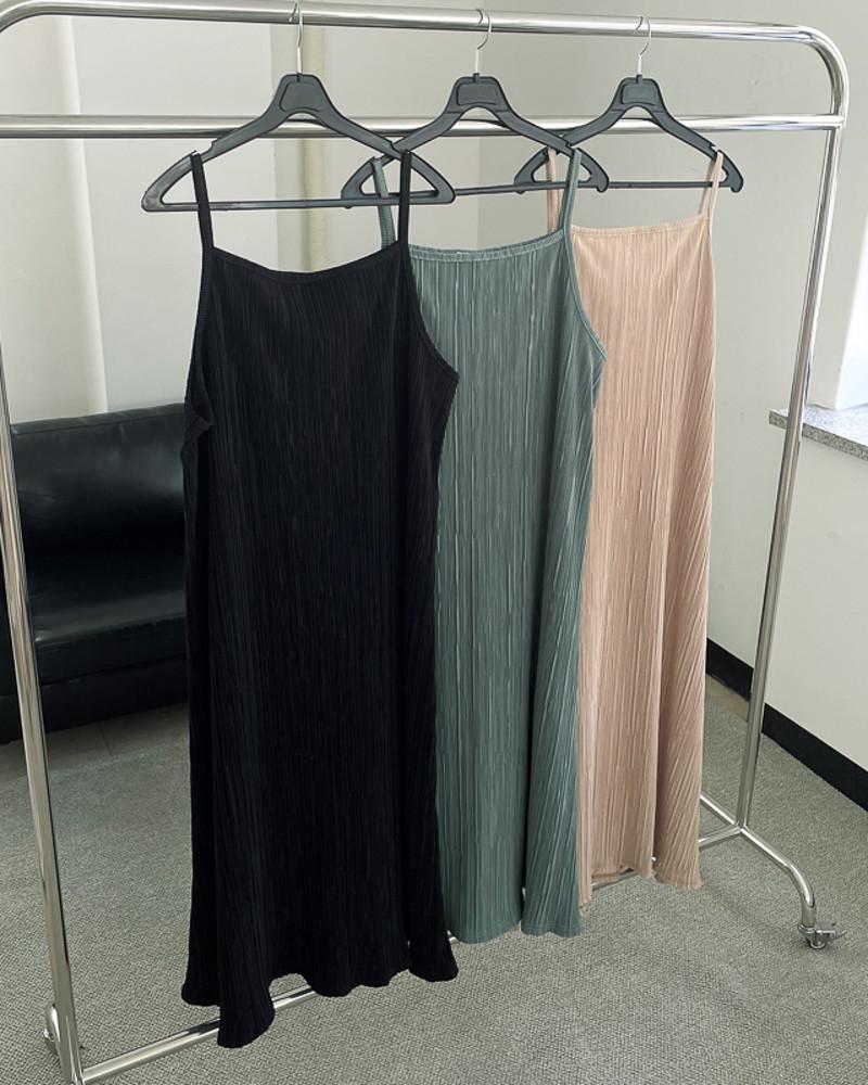 플리츠 끈 나시 롱 원피스 ( 블랙 베이지 카키 )