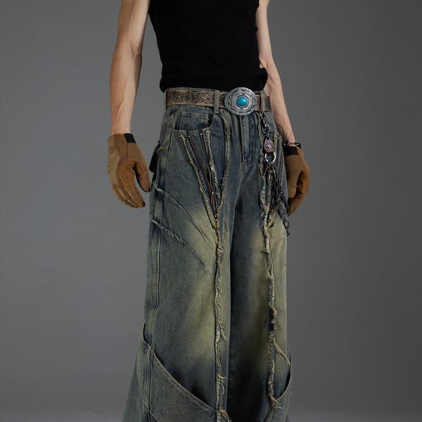 heavy work old washed deconstructed patchwork jeans