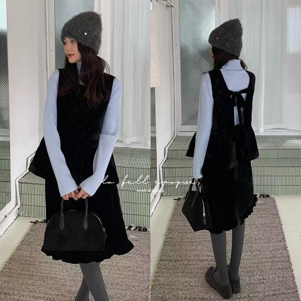 몰리 겨울 결혼식 하객 퀄팅 백리본 벨벳 블라우스 스커트 투피스 세트