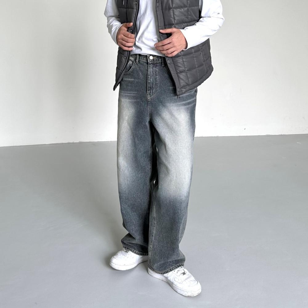 Glacier Denim PT,남자 그레이 블랙 워싱 와이드 빅사이즈 데님 팬츠 청바지