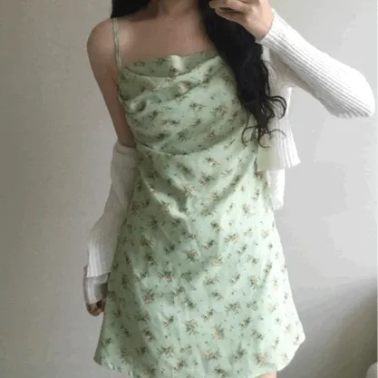 [여행룩/핏이쁨!] 플라워 라임 셔링 나시 미니 원피스