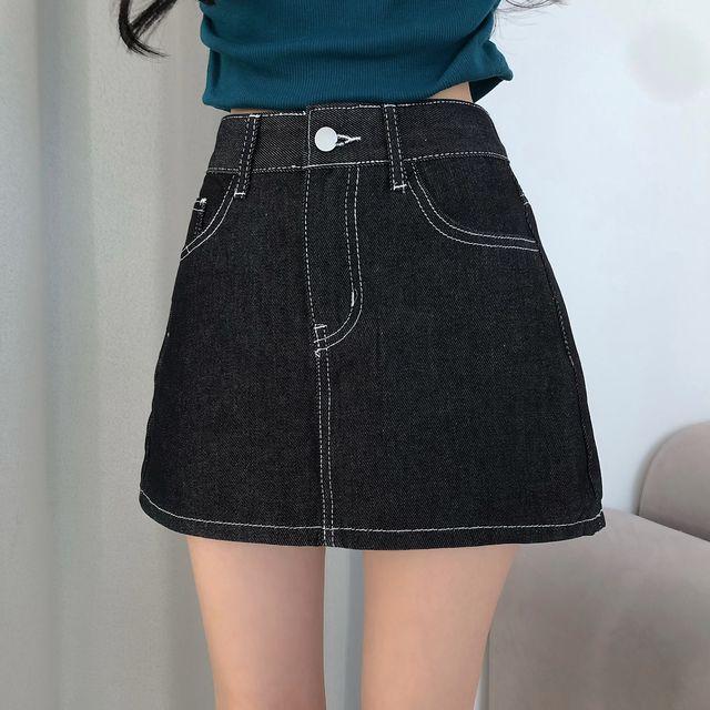 포니 스티치 로우라이즈 생지 데님 미니스커트_코튼로그