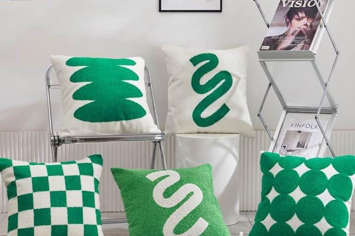 그린 머던 자수 쿠션 커버 모던 미니멀 체커보드 거실