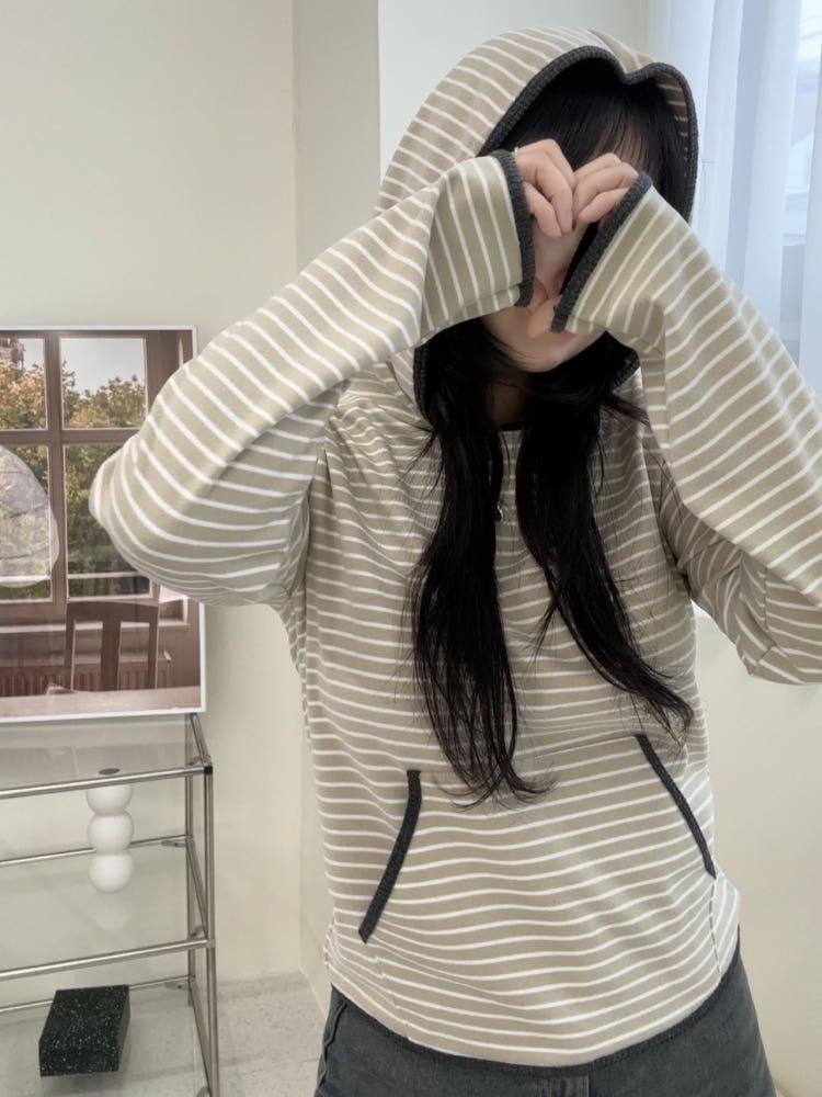네스 피치기모 스트라이프 후드 티셔츠(베이지)